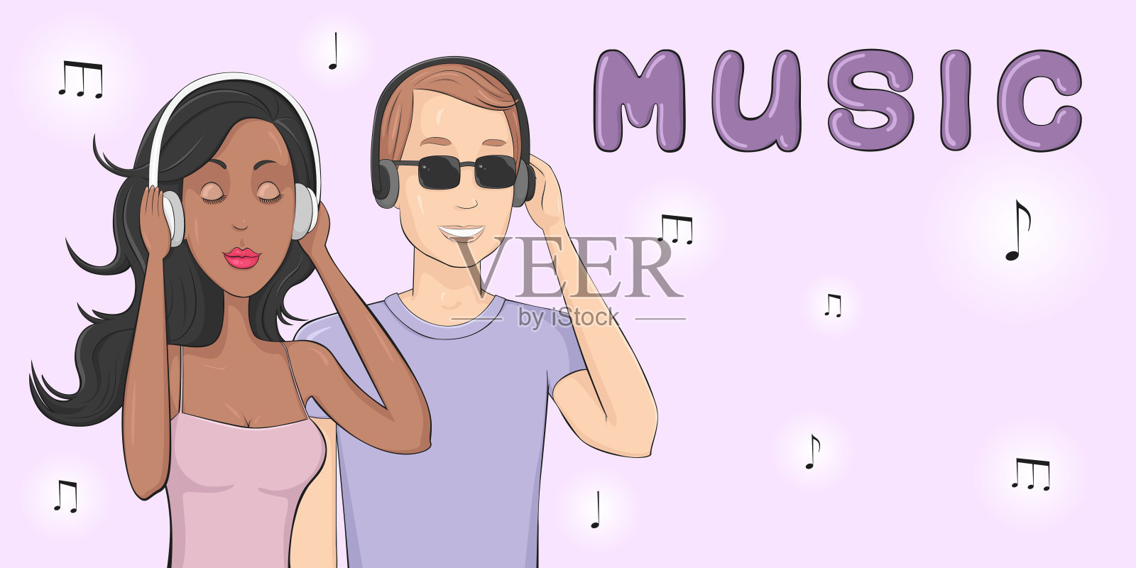 戴着耳机欣赏音乐的音乐爱好者。海报。矢量图插画图片素材