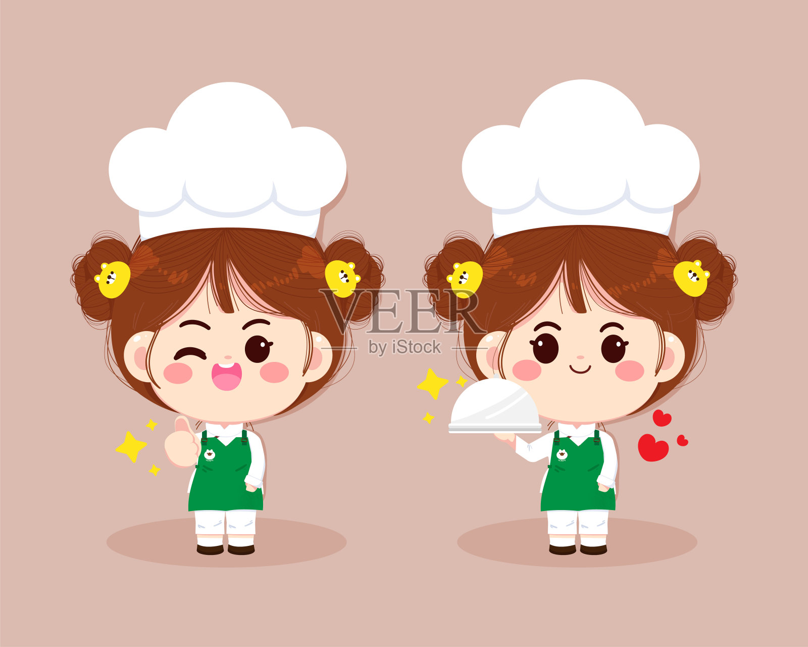 一套可爱的厨师女孩在制服准备食物卡通艺术插图标志插画图片素材