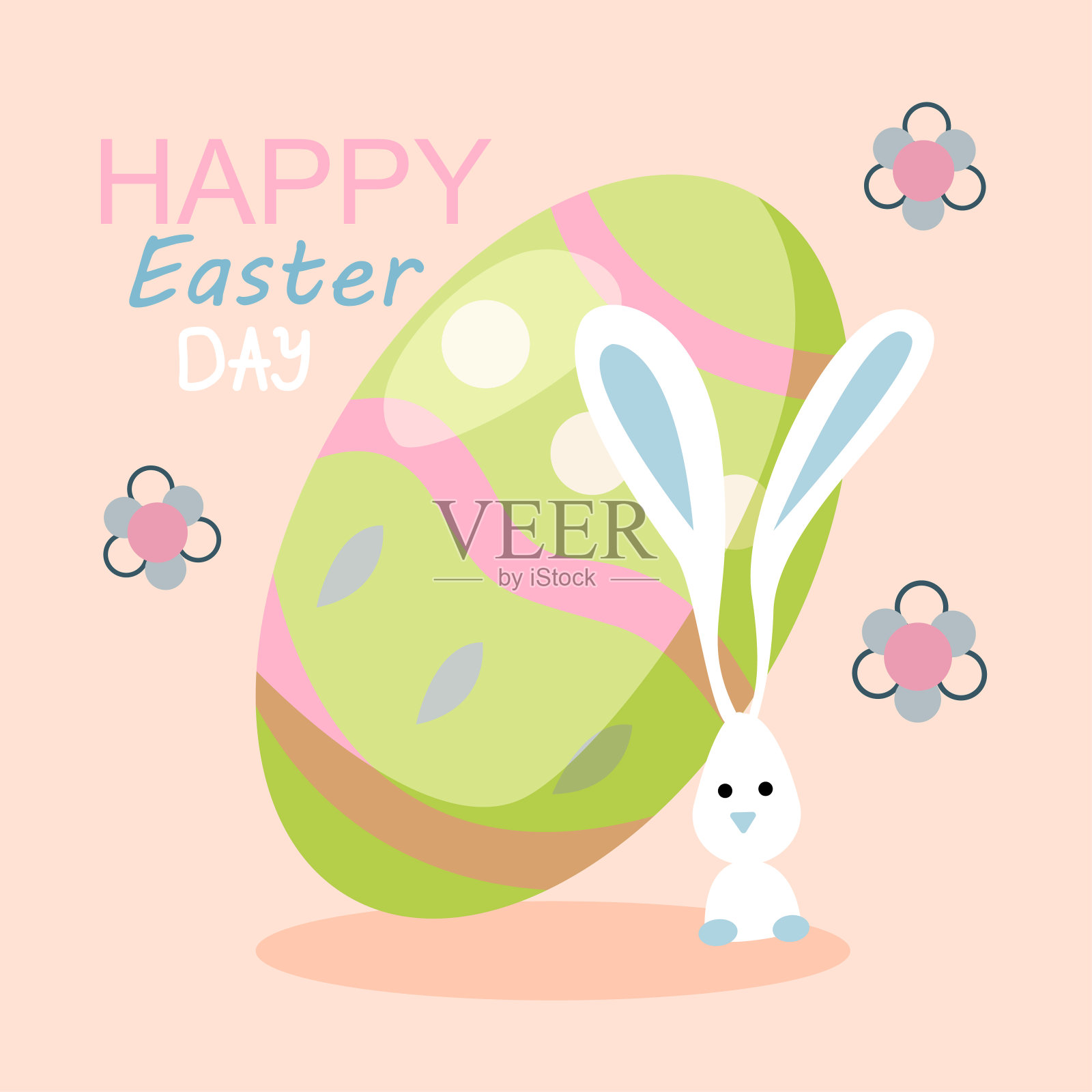 带有可爱的小兔子和装饰彩蛋的复活节贺卡插画图片素材