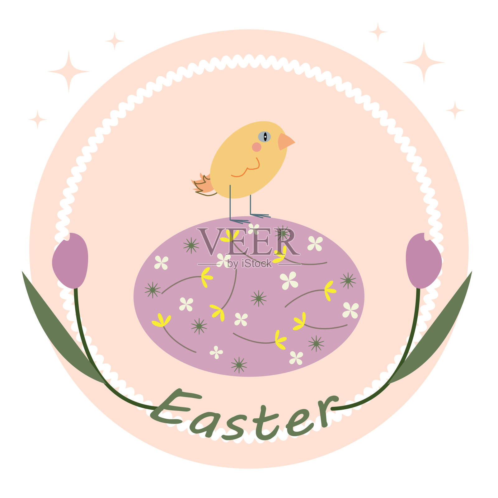 带有可爱小鸡和装饰彩蛋的复活节贺卡插画图片素材