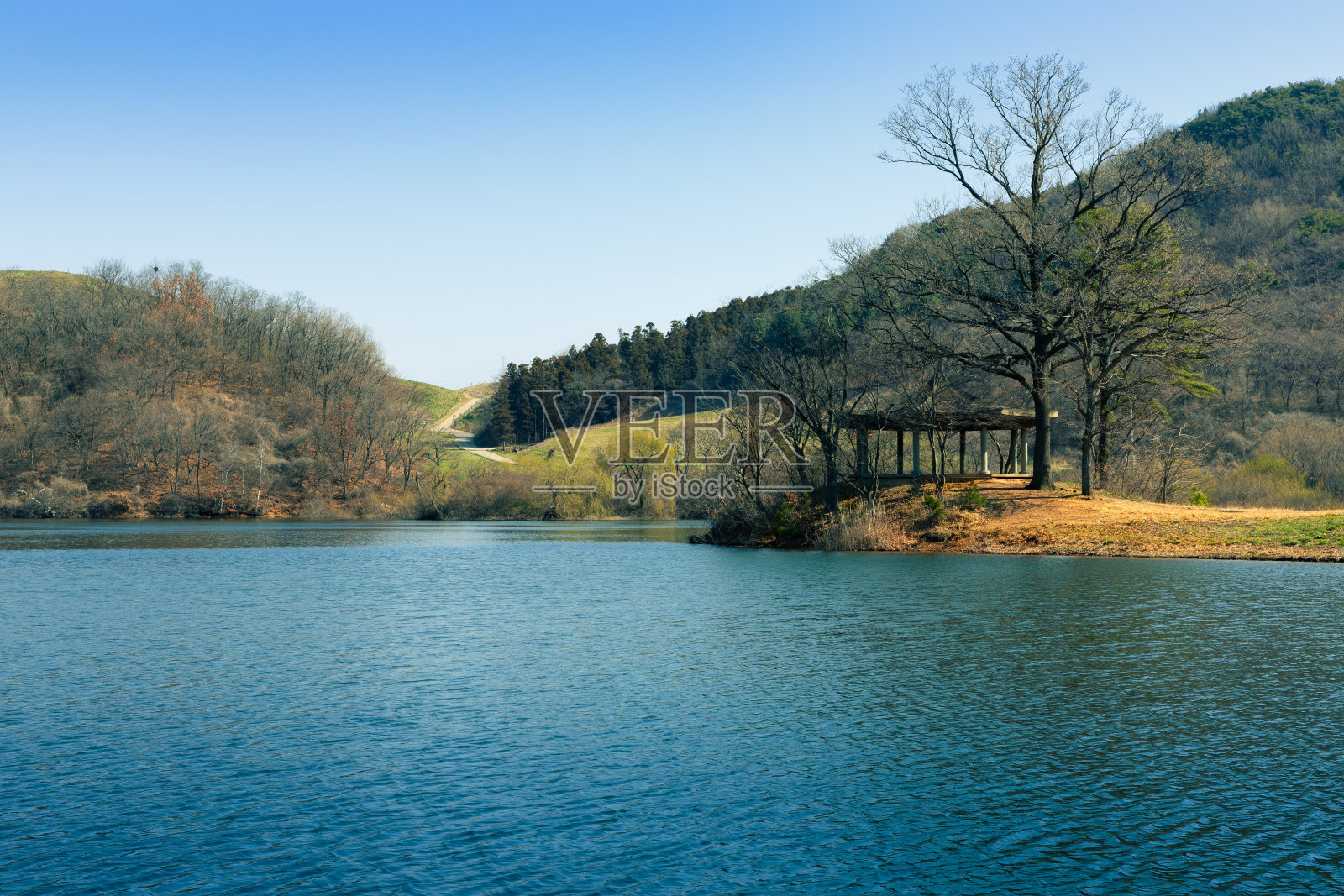 春天阳光明媚，山水有湖、有树、有林。韩国忠清南道西山寺照片摄影图片