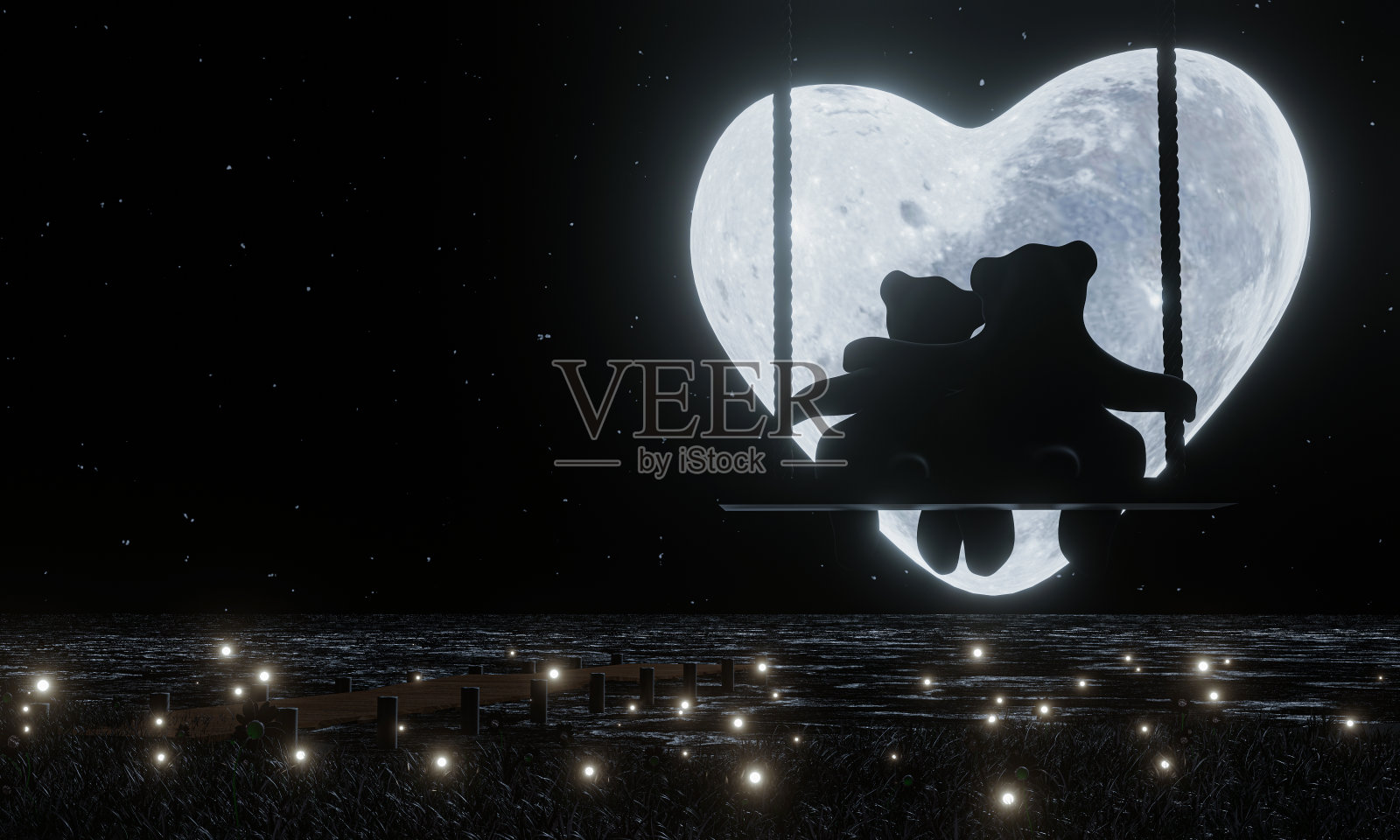 剪影情侣泰迪熊拥抱坐在秋千上心形满月夜晚天空中的星星萤火虫在草地和水面上飞翔。情人节主题的浪漫。3D渲染照片摄影图片