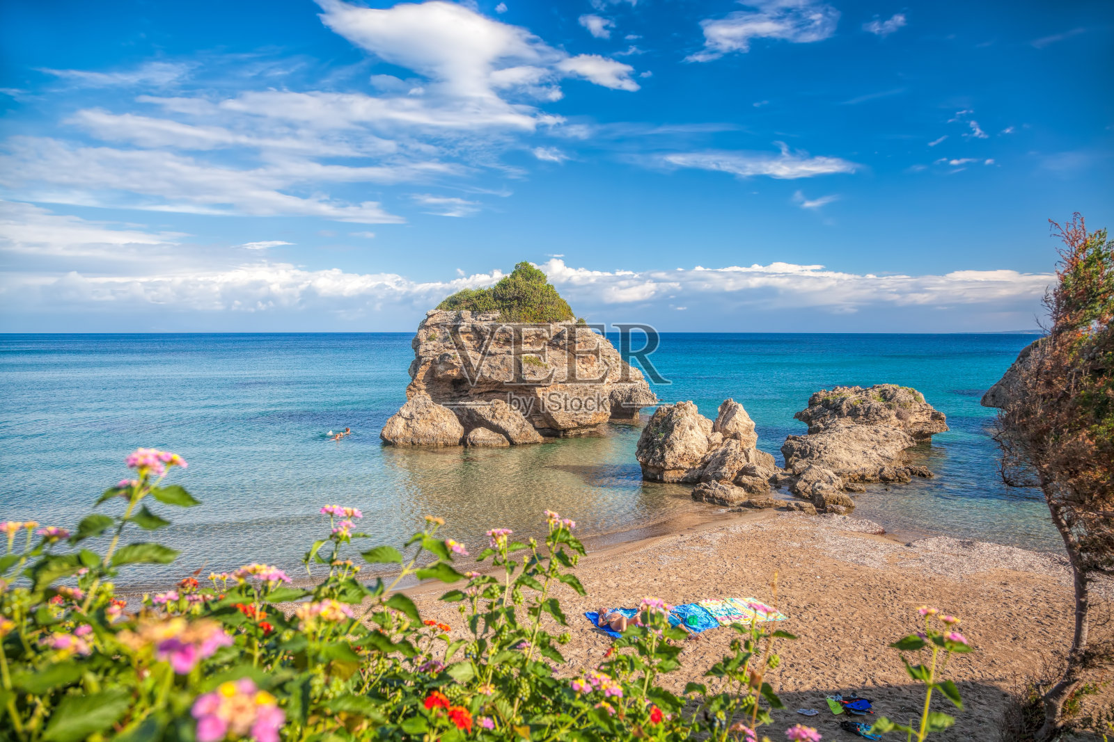 希腊扎金索斯岛的波尔图佐罗海滩的全景图照片摄影图片