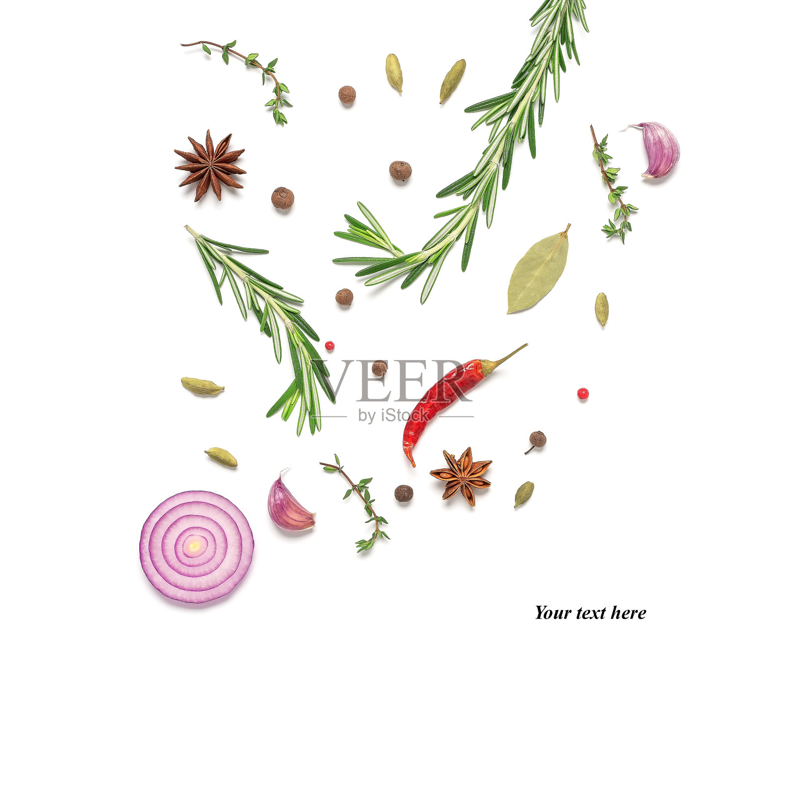 香料，药草和调味品孤立在白色的背景。创造性的布局。烹饪概念。俯视图，平放，放置文本。插画图片素材
