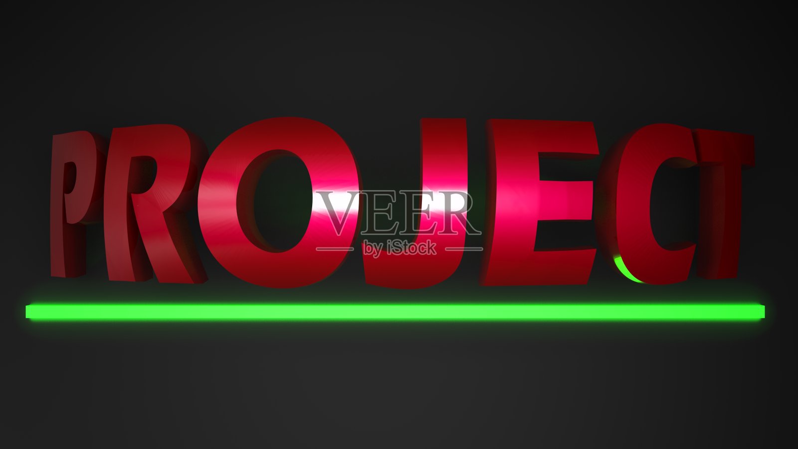 项目红色金属书写在黑色背景与绿色led条灯- 3D渲染插图照片摄影图片