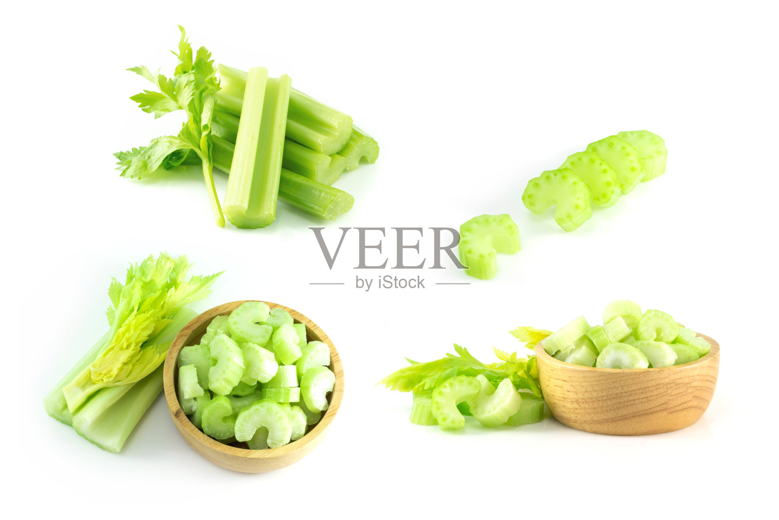 一套新鲜芹菜蔬菜，切成薄片，在白色的背景上隔离，食品的健康照片摄影图片