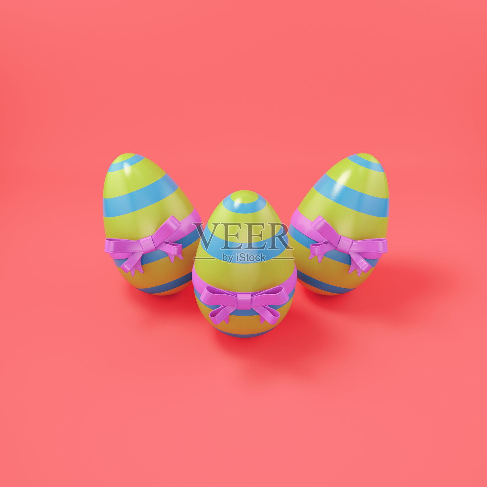 复活节彩蛋与蝴蝶结在明亮的红色背景照片摄影图片