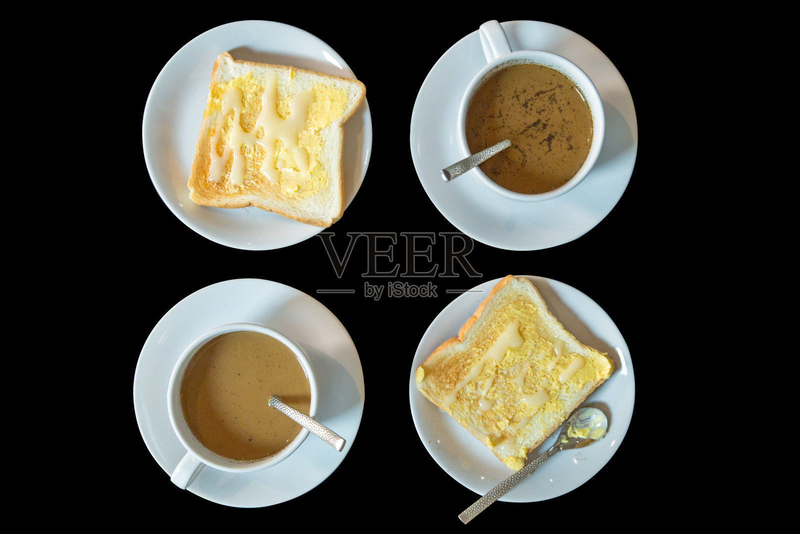 俯视图一杯咖啡和黄油吐司照片摄影图片