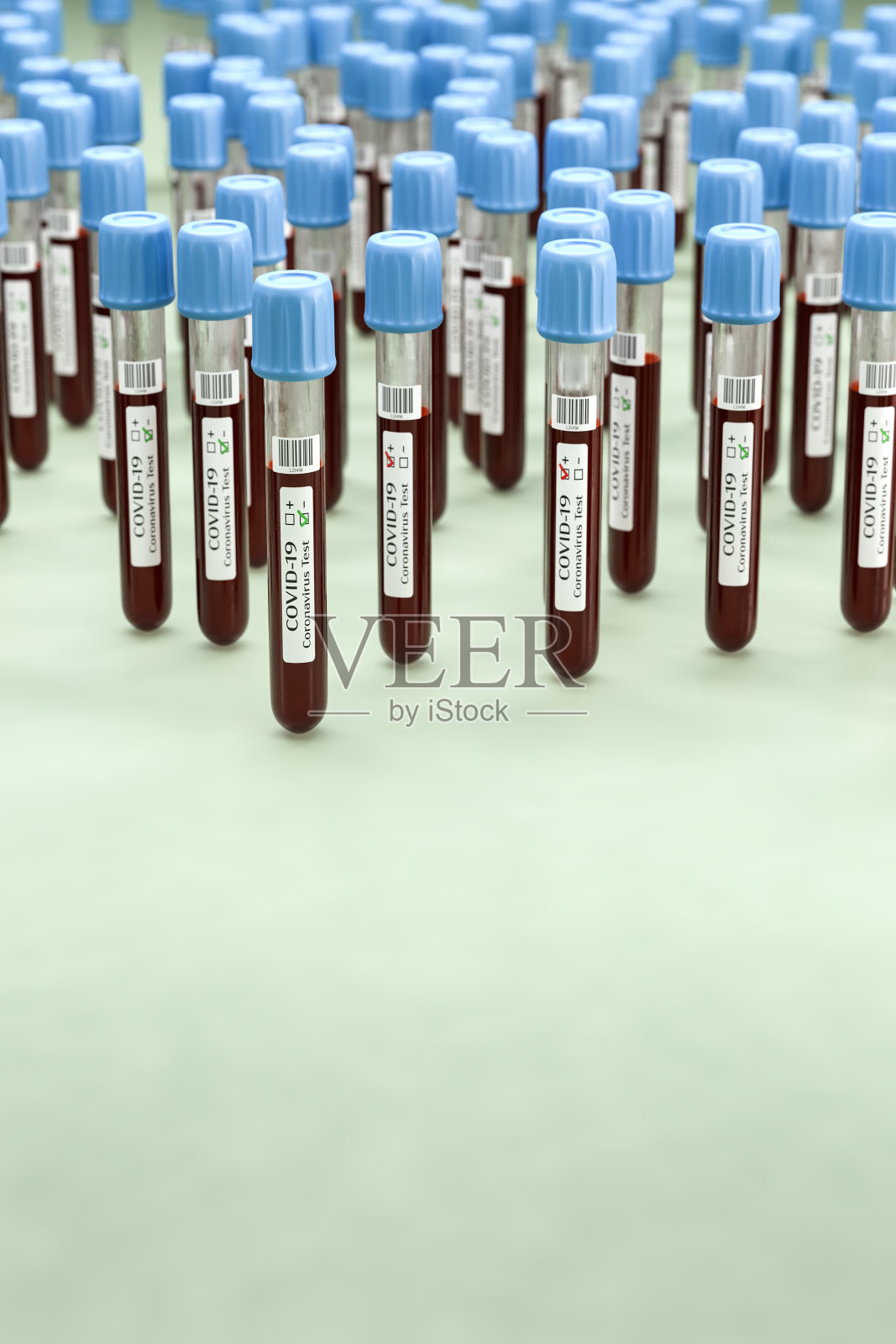 用于血液检测的冠状病毒血样管。前景中的一些测试是阳性的，大多数是阴性的。有选择性的重点。照片摄影图片