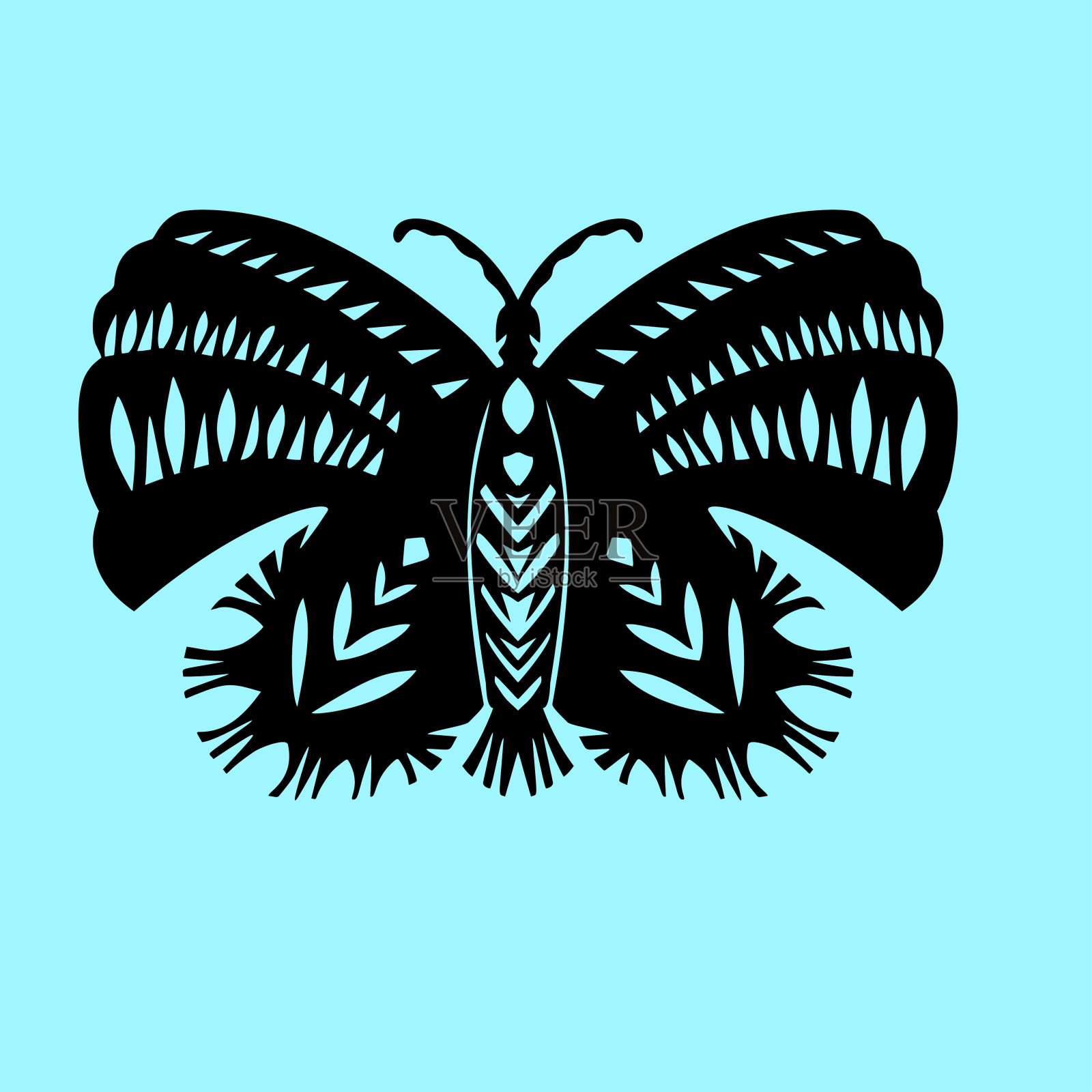 复古蝴蝶剪纸风格的艺术图标在黑色，孤立的背景。剪刀一样的模式。复古收藏装饰设计，剪纸机，剪贴簿，贴纸向量插画图片素材