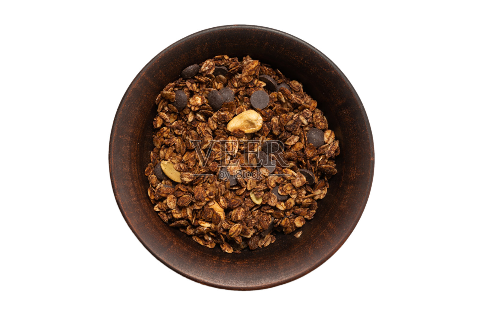 巧克力格兰诺拉麦片和坚果在碗背景。照片摄影图片