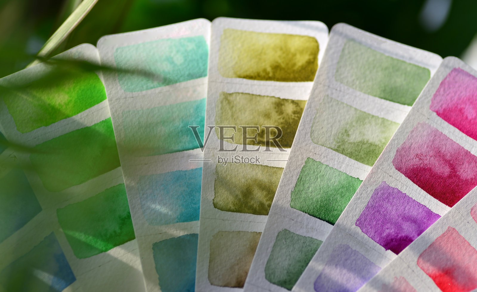 调色板特写水彩在白纸上，红色和绿色阴影。照片摄影图片