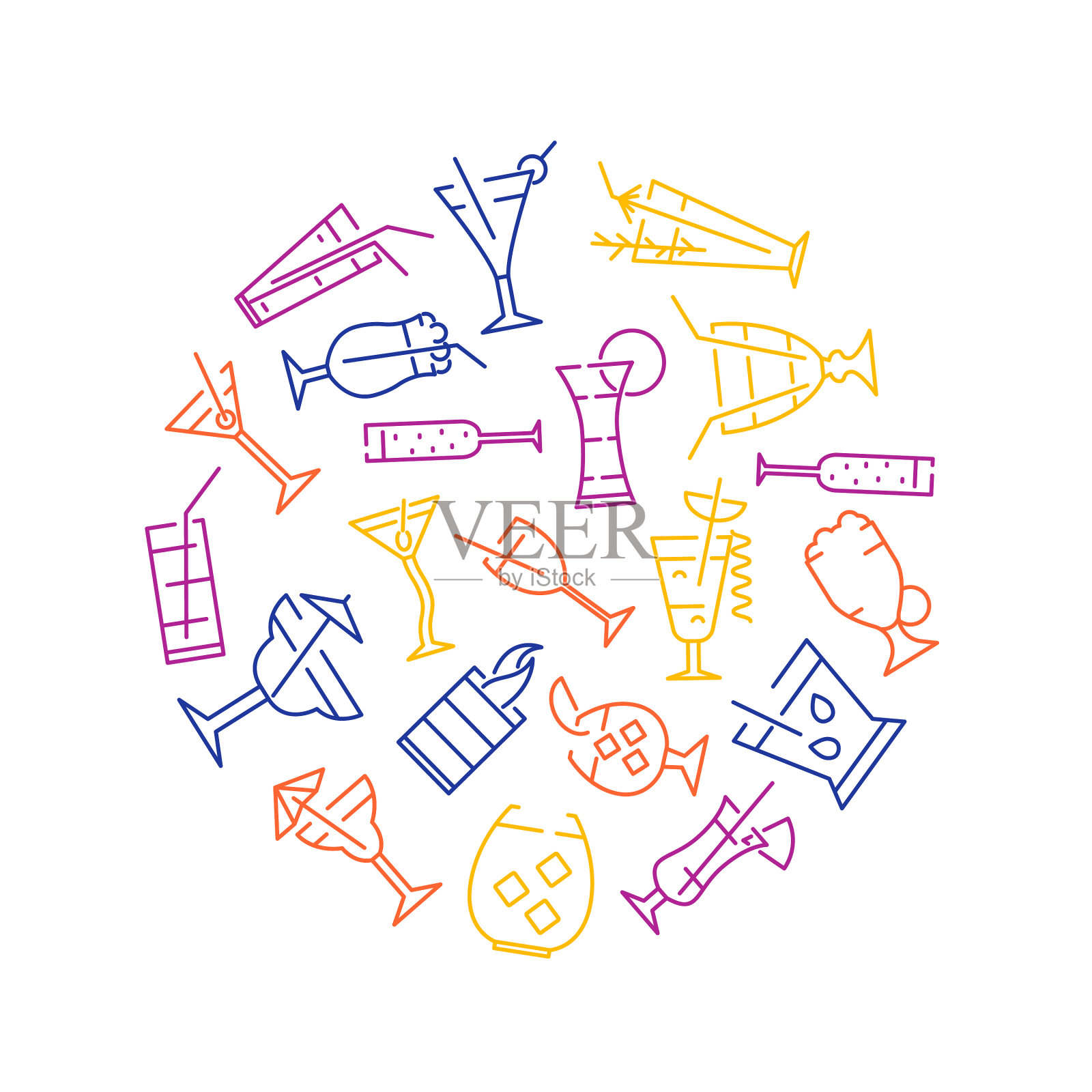 经典酒精鸡尾酒细线概念插画图片素材