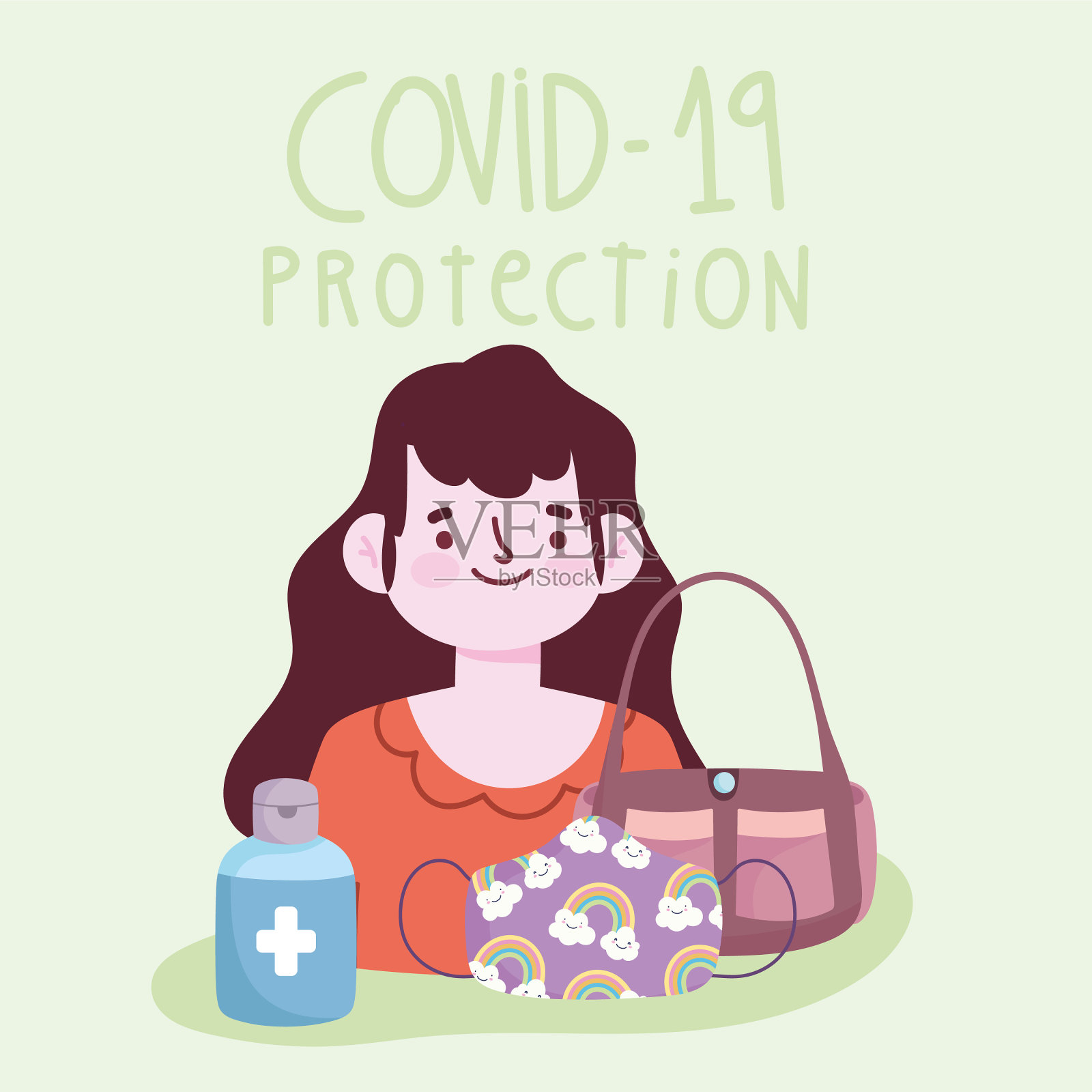 新常态的生活方式女性与手袋面具和插画图片素材