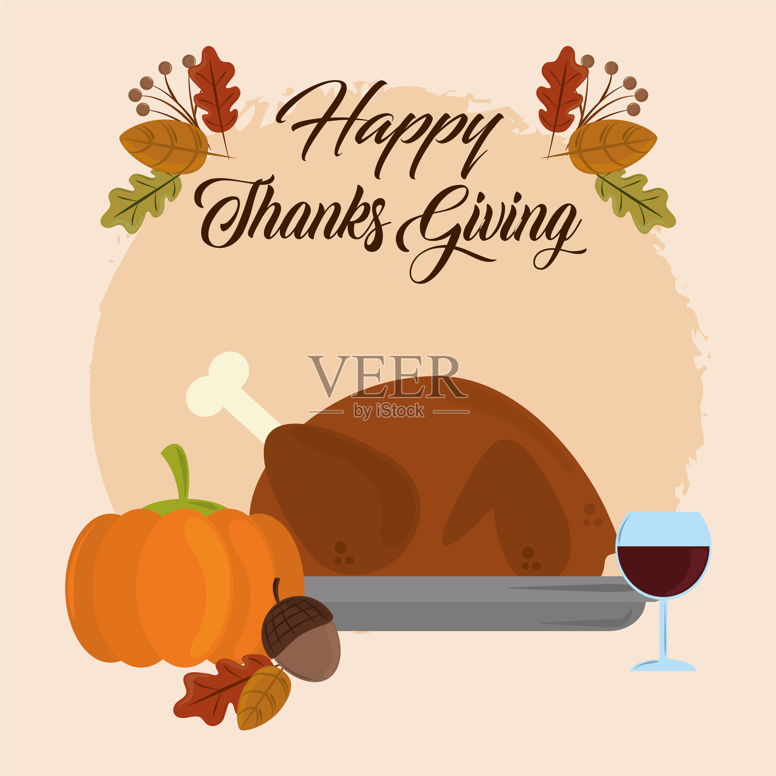 感恩节晚餐快乐，火鸡南瓜酒插画图片素材