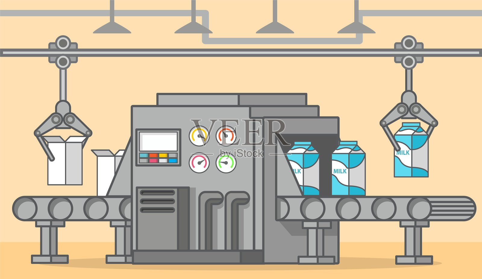 牛奶厂传送带上一盒饮料插画图片素材