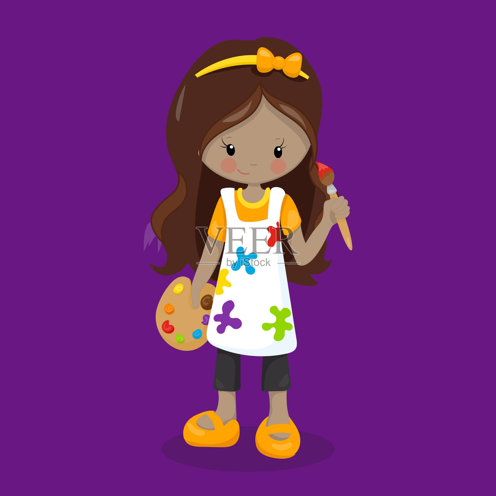 小艺术家黑白混血棕色女孩溅08插画图片素材