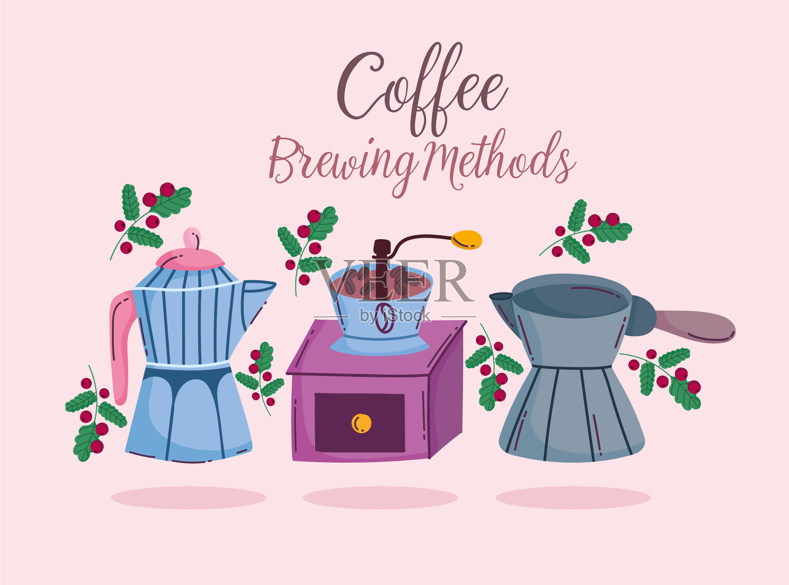 咖啡的酿造方法是手工研磨摩卡壶插画图片素材