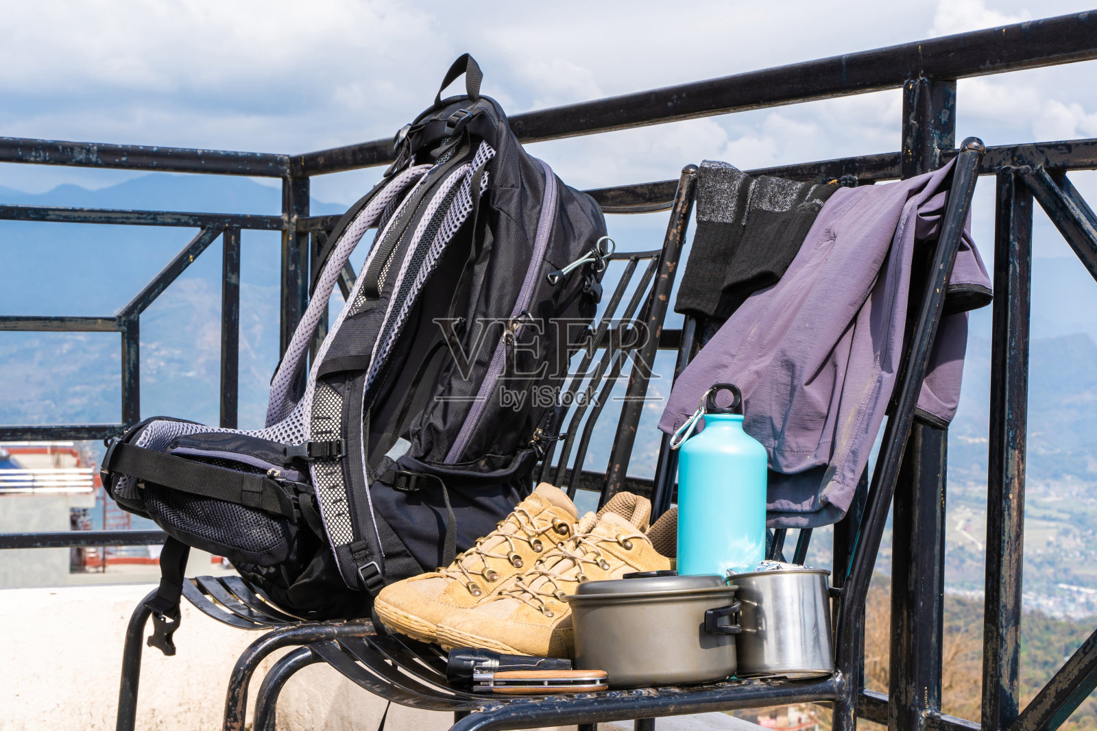 跟踪或徒步旅行设备集，库存照片照片摄影图片