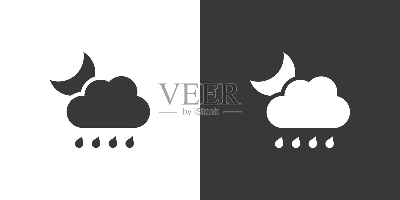 雨滴云和月亮孤立的图标上的黑色插画图片素材