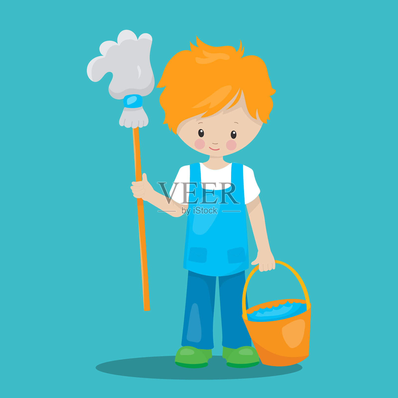 家务杂务男孩清洁橙色05插画图片素材
