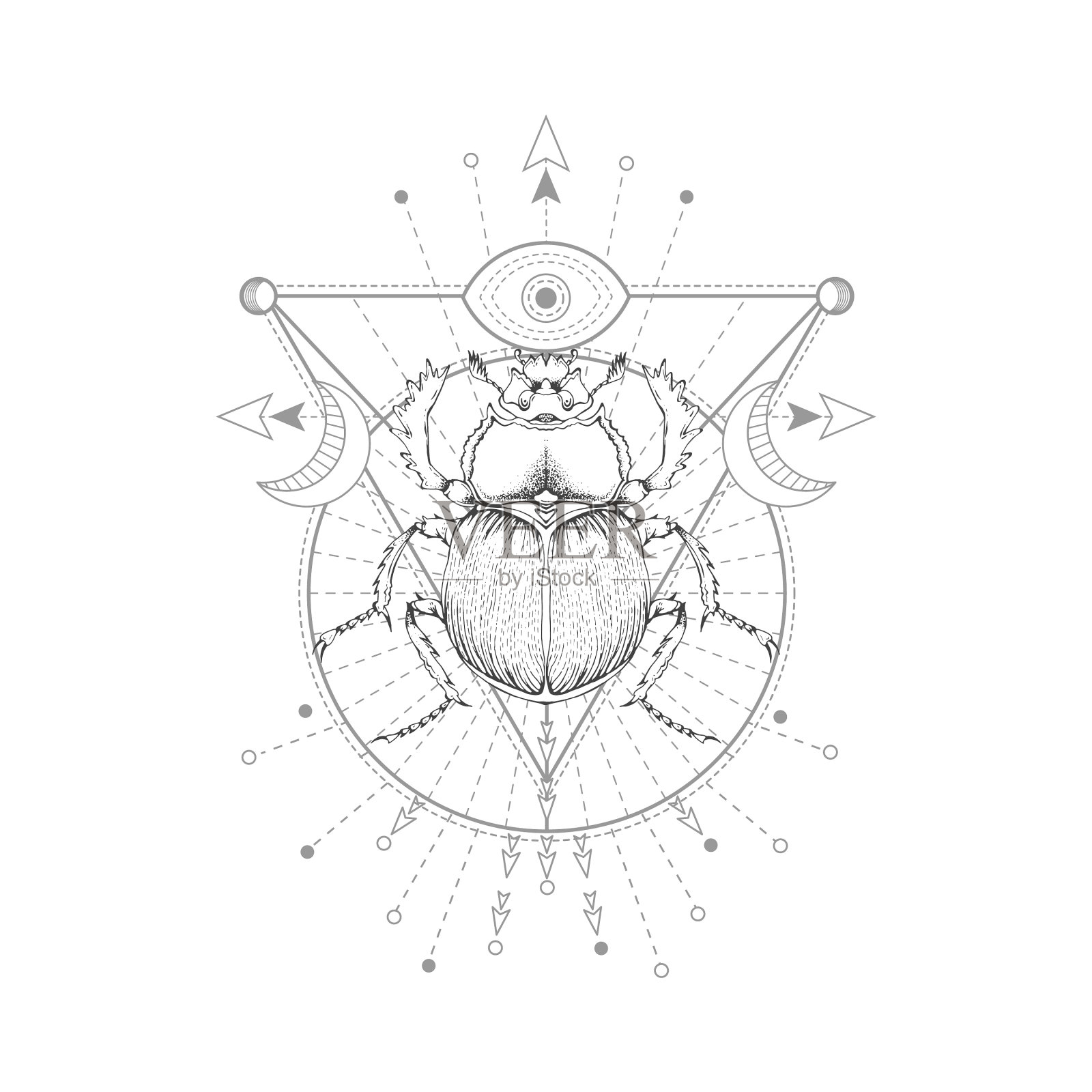 与手绘圣甲虫和神圣符号在白色设计元素图片