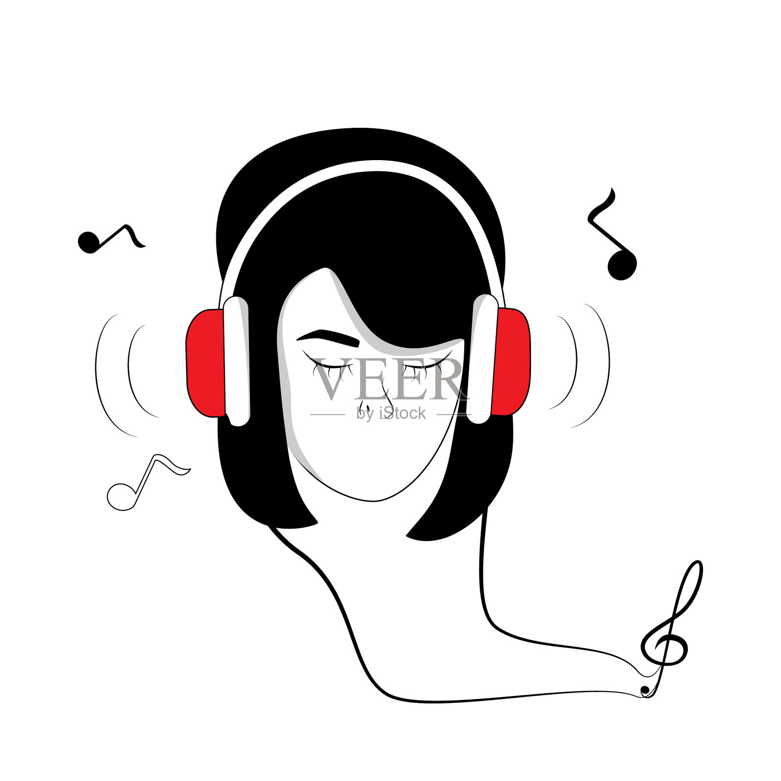 女孩戴着耳机听音乐插画图片素材