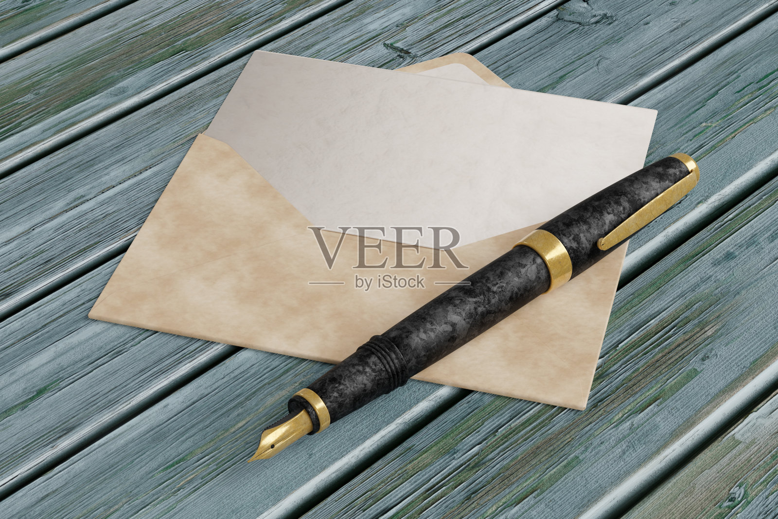 钢笔与票，空白字母和空间写- 3D插图照片摄影图片