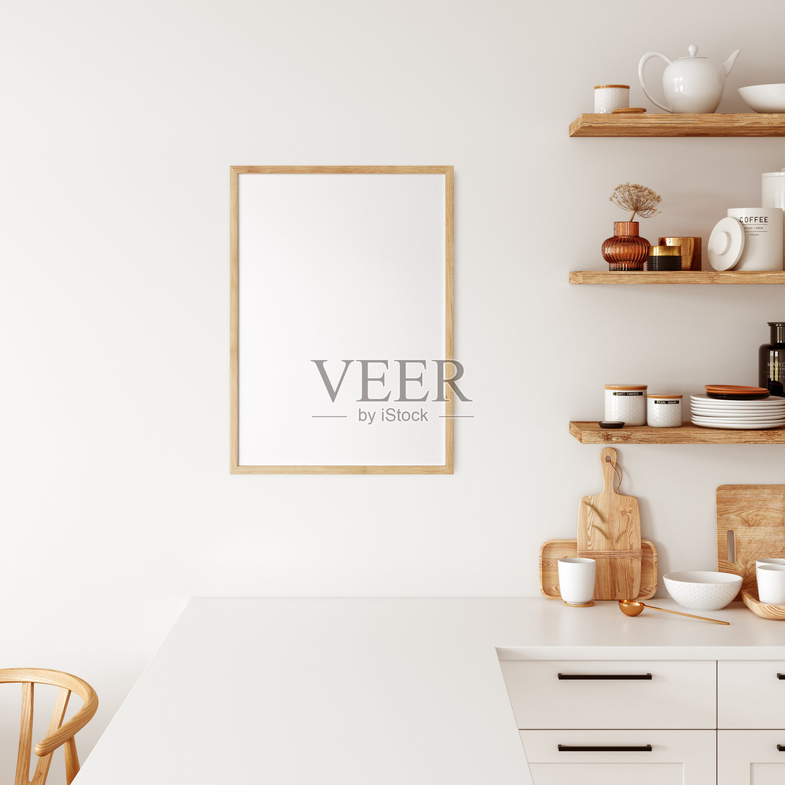 框架和海报模型在波西米亚风格的室内。3d渲染，3d插图照片摄影图片