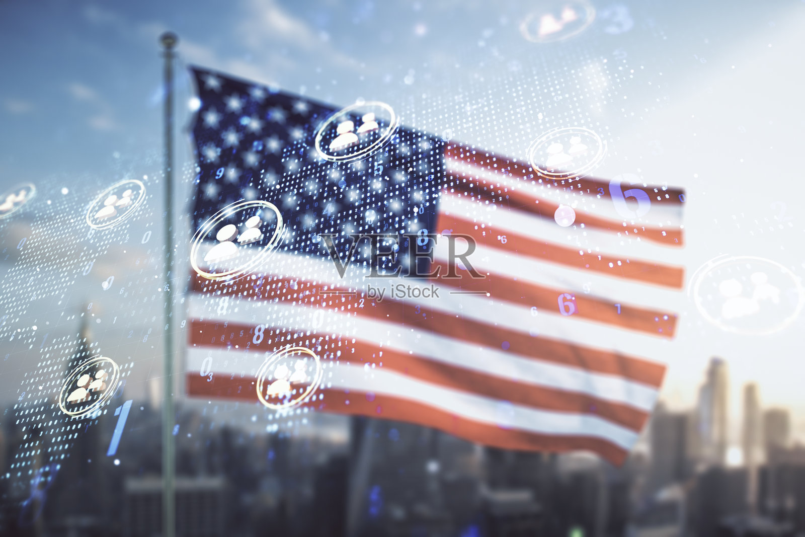 在美国国旗和城市背景上双重曝光社交网络图标、全息图和世界地图。营销推广理念照片摄影图片