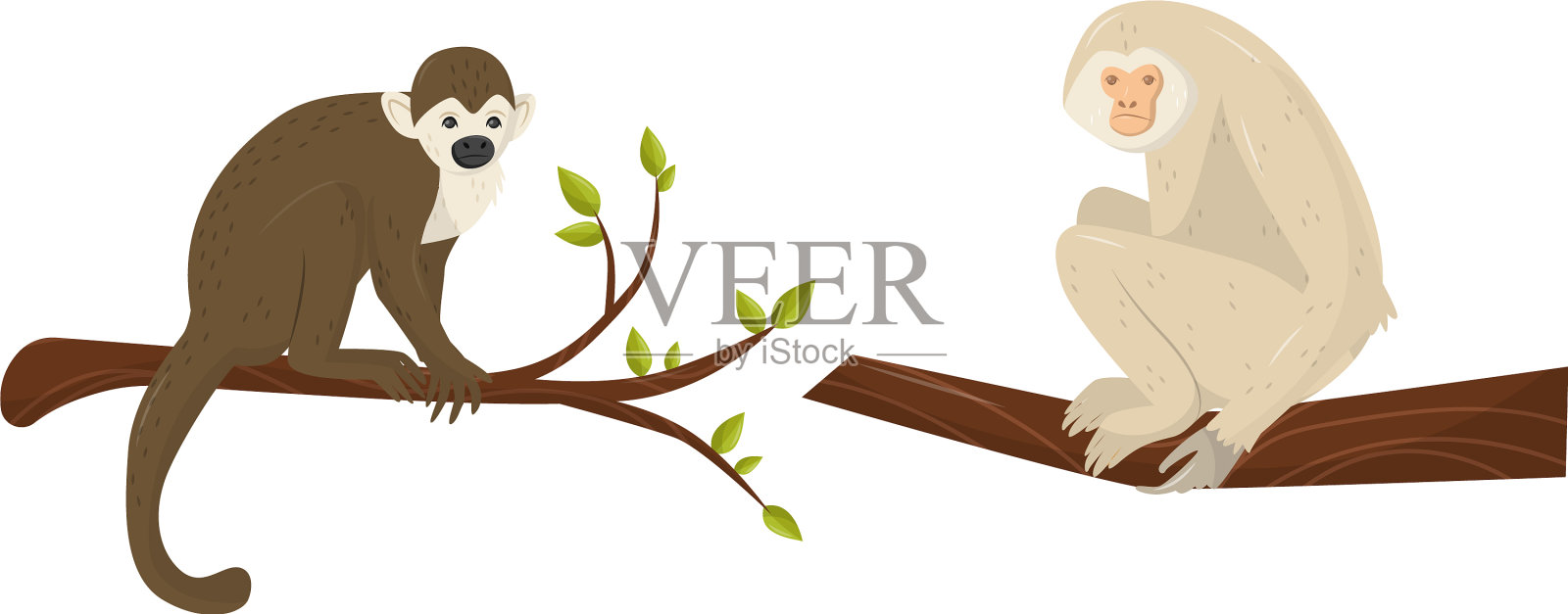 猴子和黑猩猩坐在树枝上插画图片素材