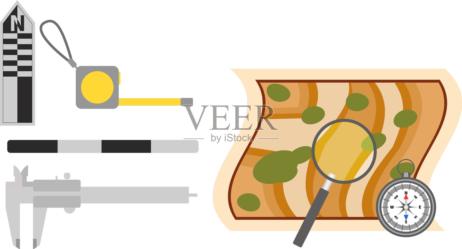 带有地图和指南针的考古工具插画图片素材