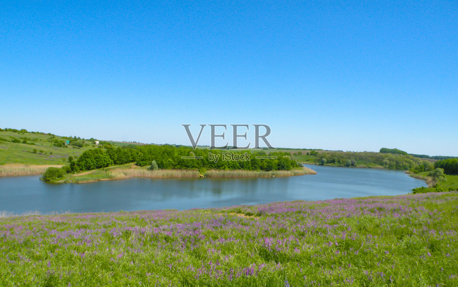 村庄湖的全景图，中间有一个岛屿。暑假旅游钓鱼照片摄影图片