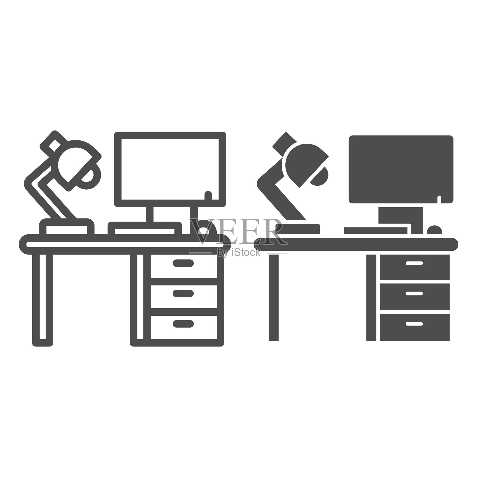 电脑与灯和书桌线和实体图标插画图片素材