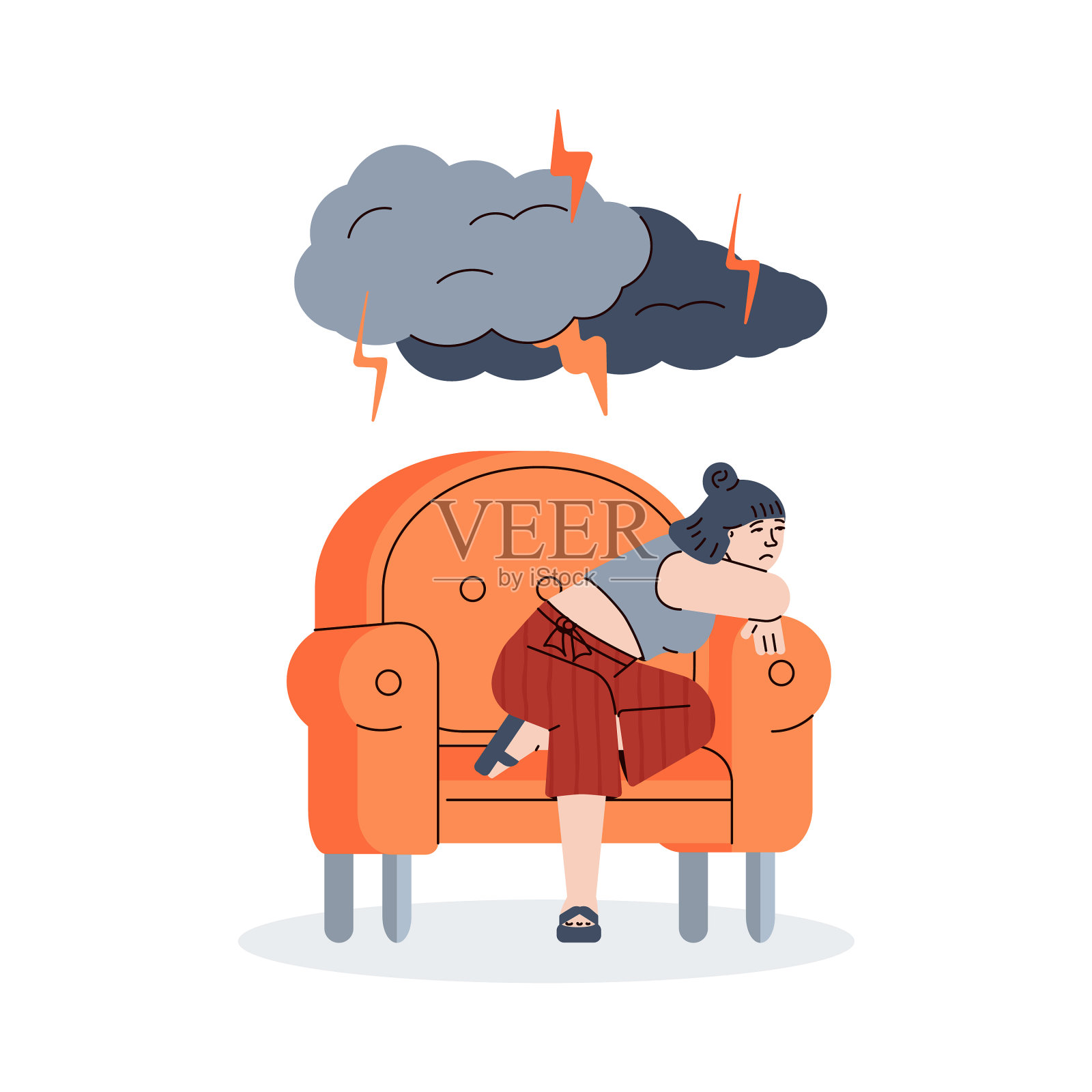 沮丧的女孩坐在黑暗的闪电下设计元素图片