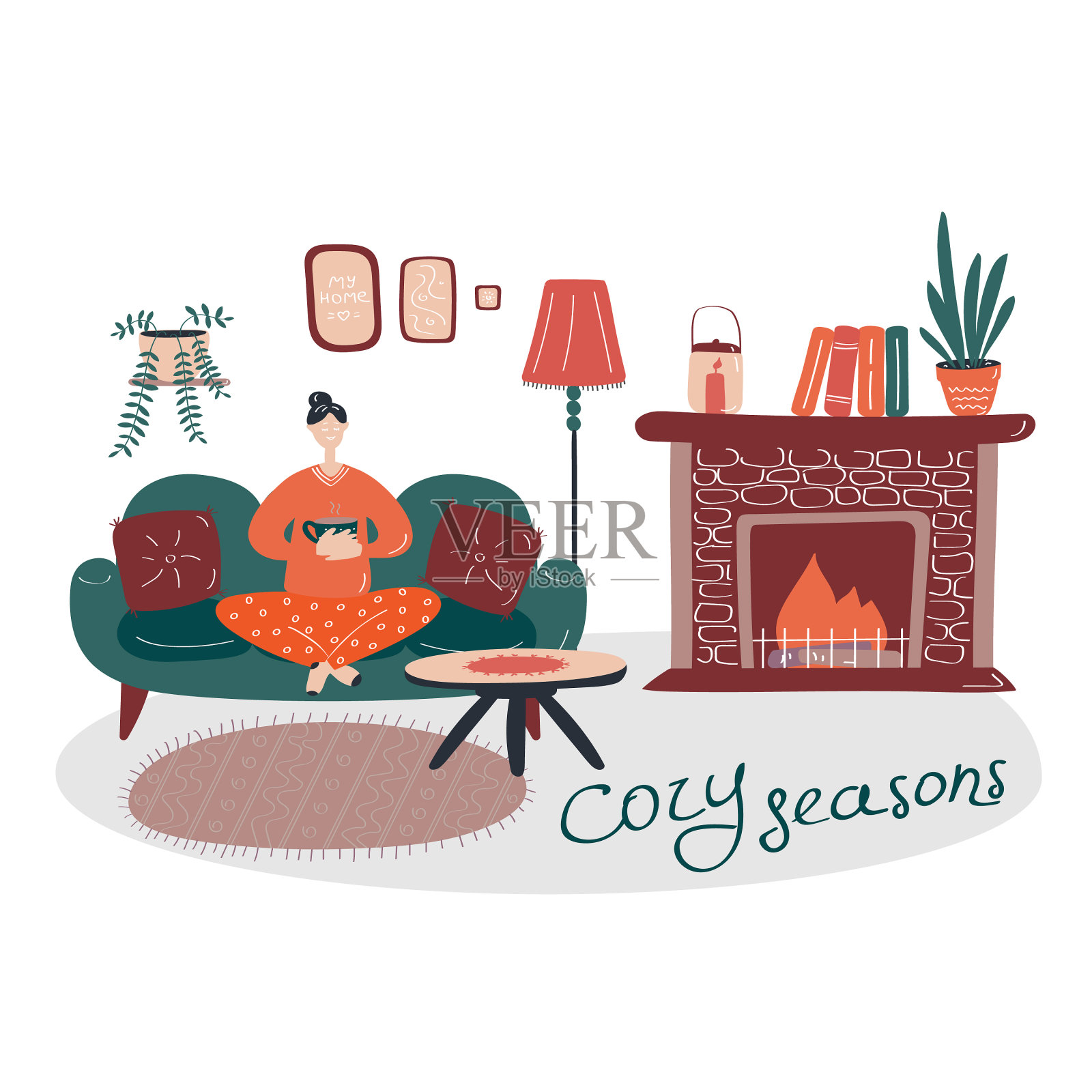 年轻女孩坐在舒适的扶手椅上设计元素图片