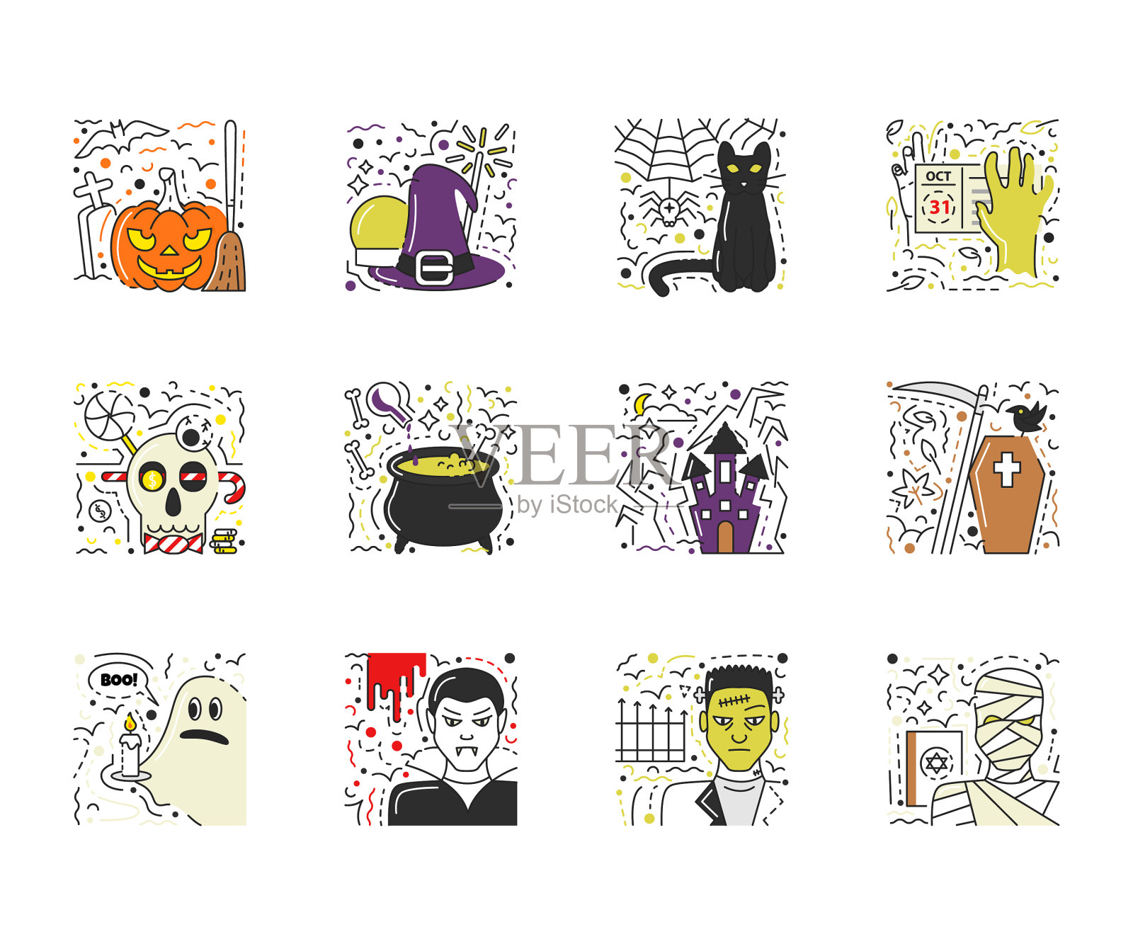 设置万圣节场景的平面线风格现代图标素材