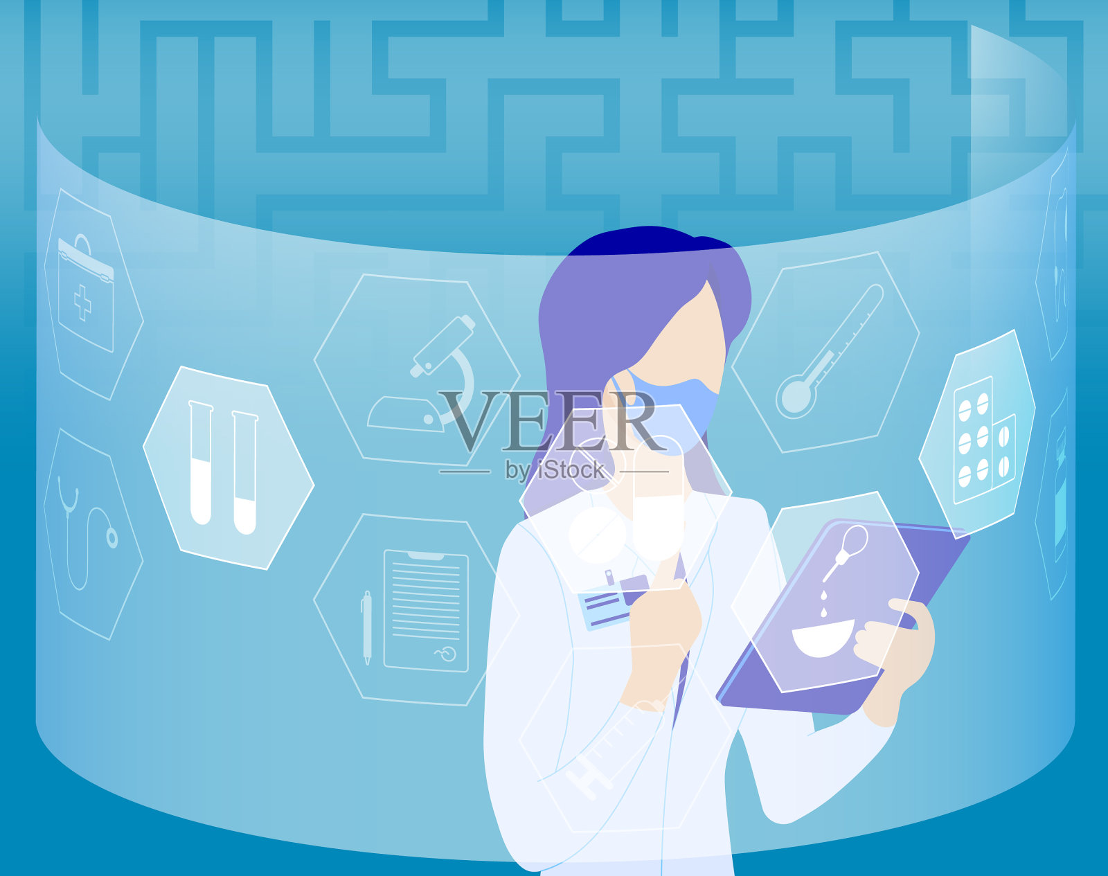 女博士科学家后面有一个触摸屏插画图片素材