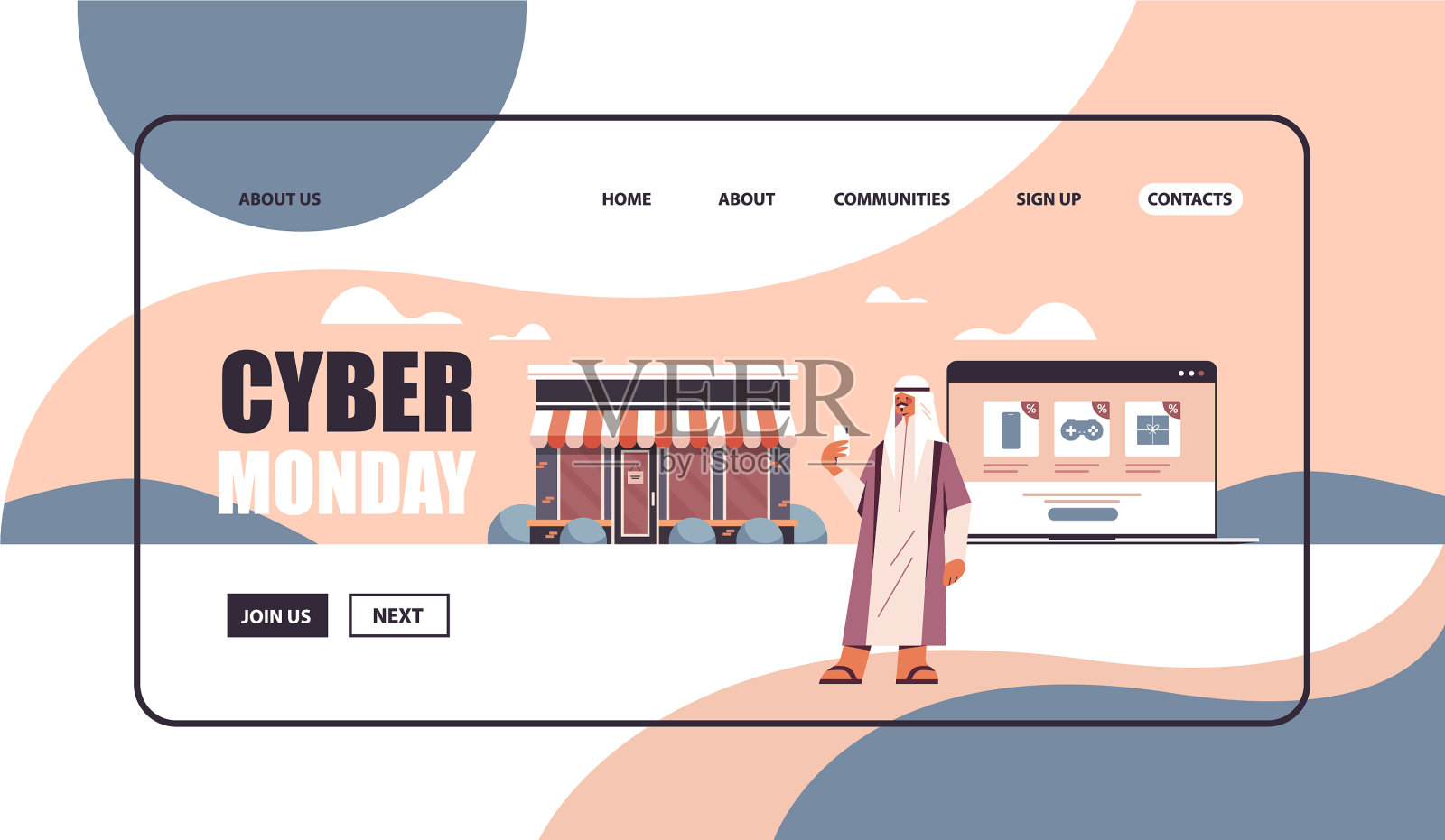 阿拉伯人用数码设备选购商品插画图片素材