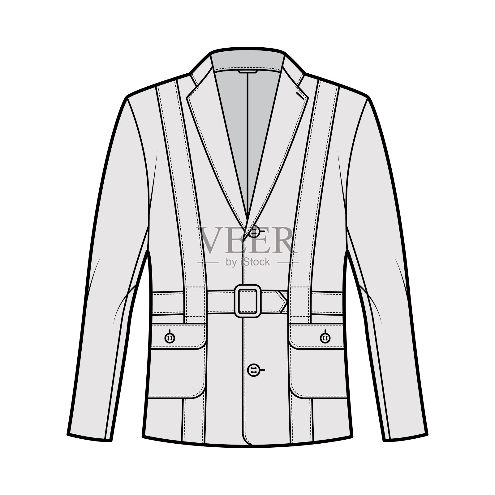 诺福克夹克技术时尚插图与腰带，超大，长袖，缺口领，钮扣开。平设计元素图片