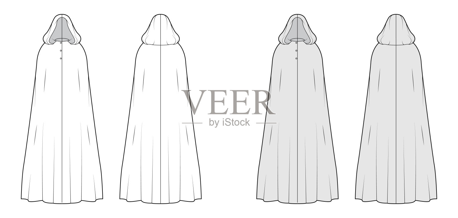 斗篷外套技术时尚插图与兜帽，超大的悬空体，地板最长的长度，纽扣关闭。平插画图片素材