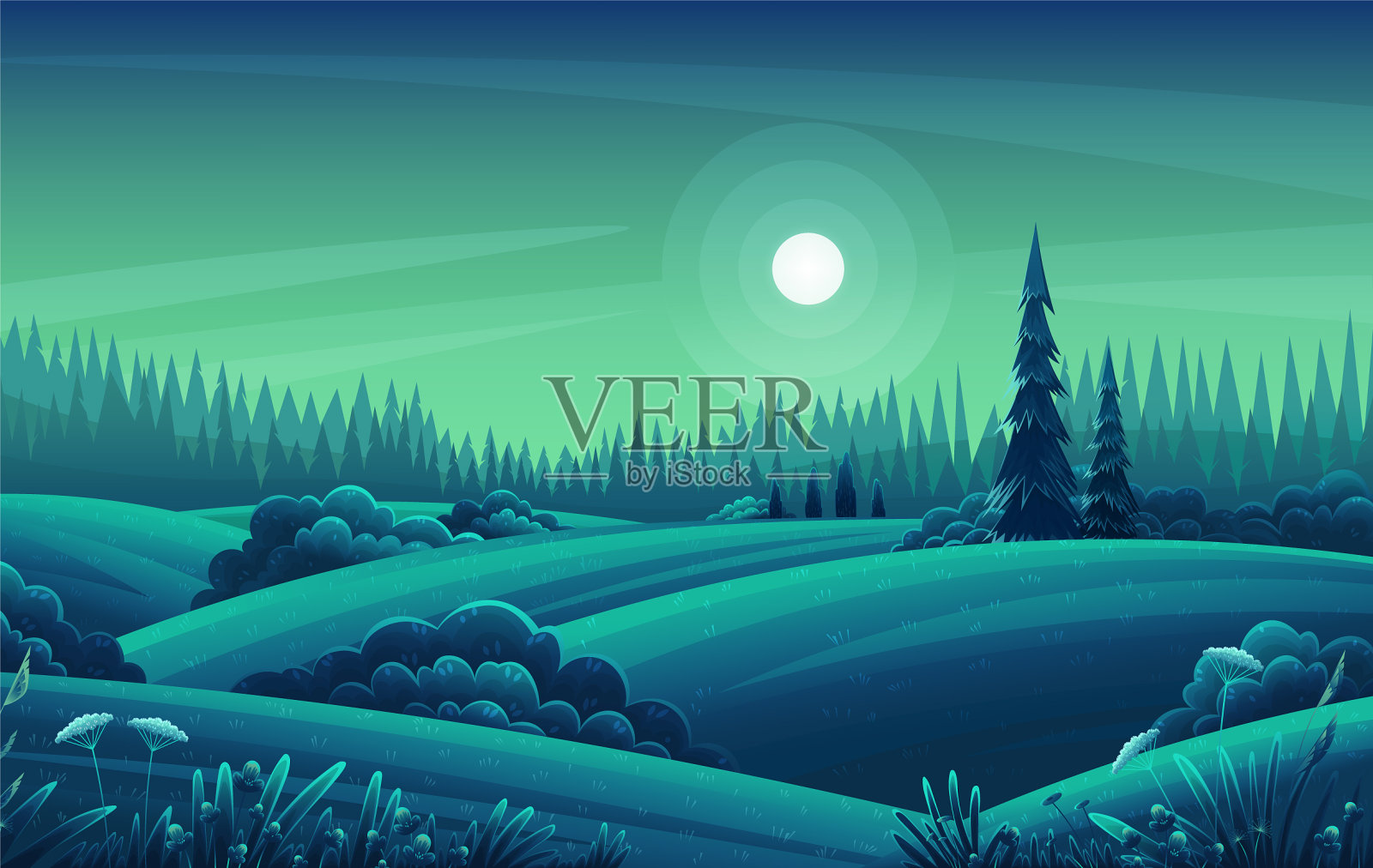 夜晚的风景与山丘，黑暗的森林冷杉树插画图片素材
