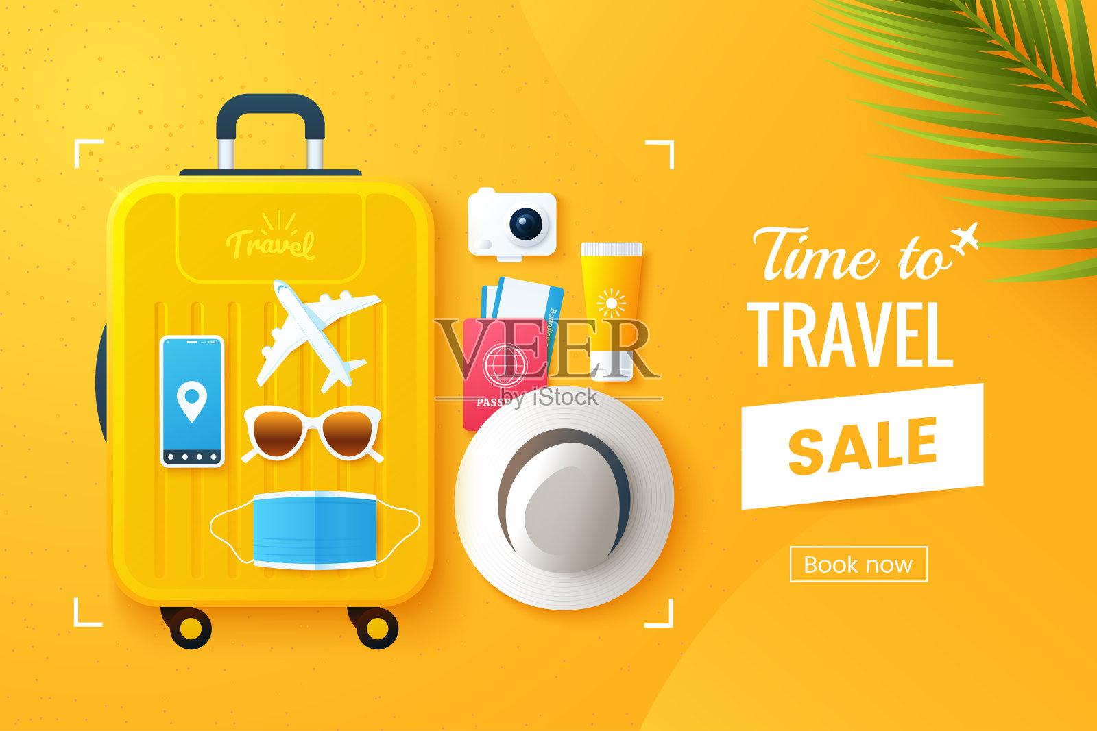 夏季旅游矢量插图。平铺构图用大旅行箱、帽子、太阳镜、防护面罩、照相机、机票。在线预订。假期促销横幅设计。插画图片素材