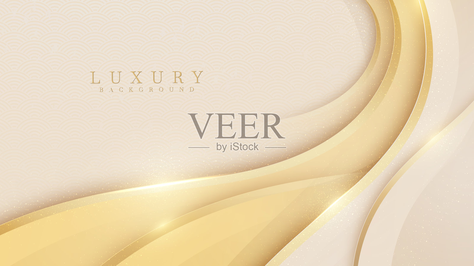 奶油色背景上平滑的金色波浪。豪华剪纸风格3d浪漫概念。插画图片素材