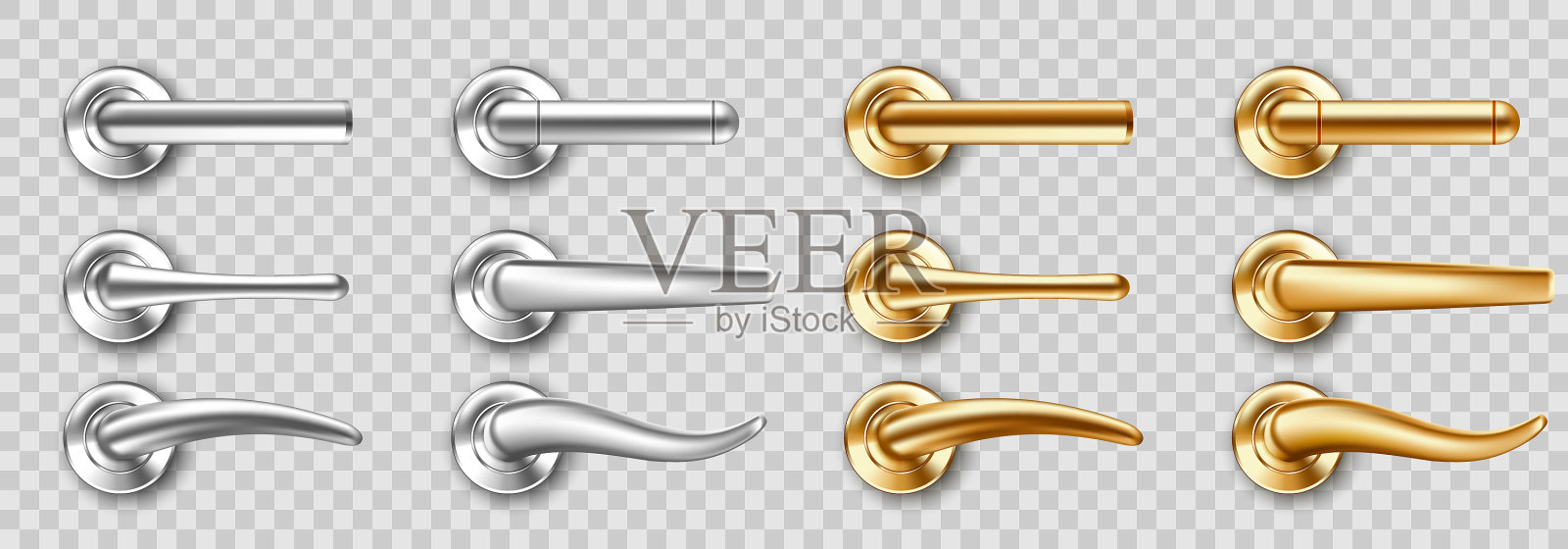 逼真的门把手，金色和银色的把手设置图标素材