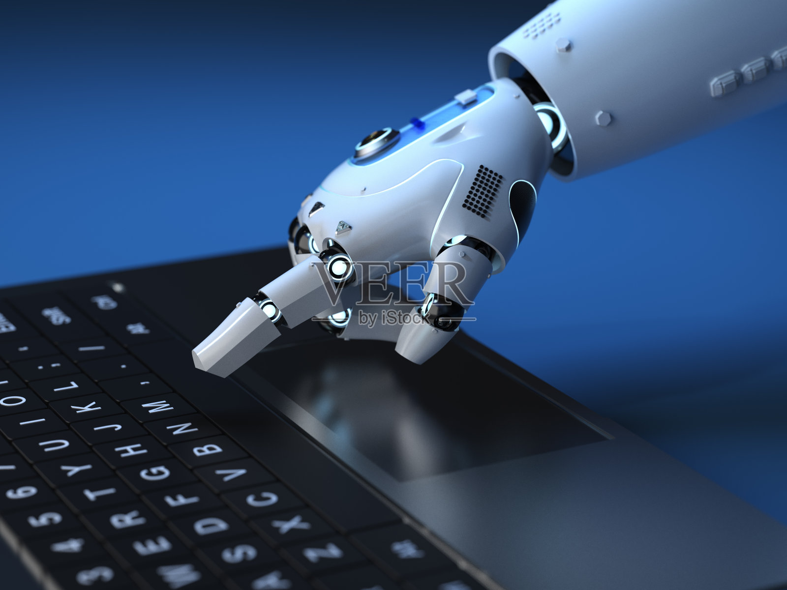机器手与电脑键盘一起工作照片摄影图片