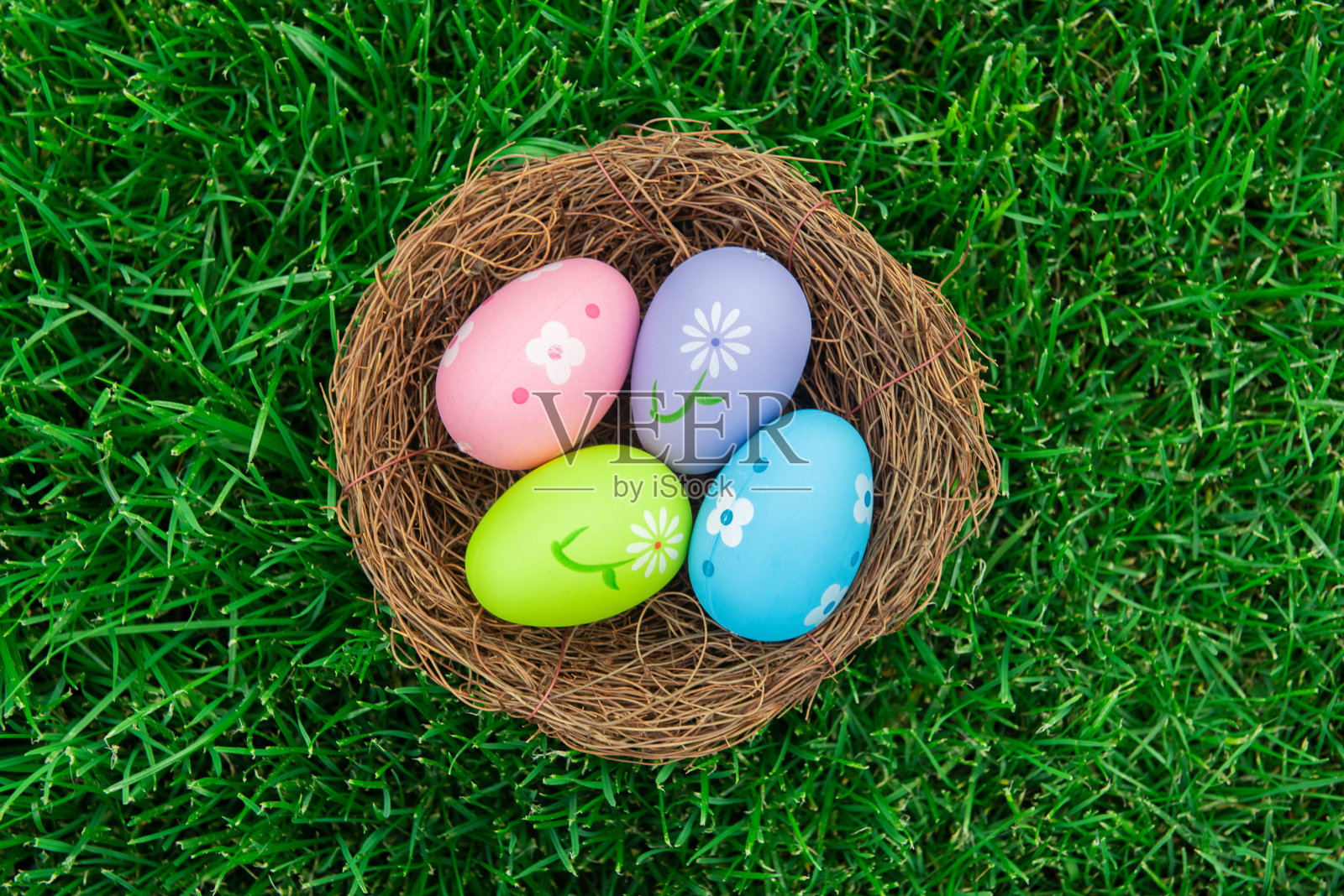 复活节彩蛋放在草地上的一个巢里照片摄影图片