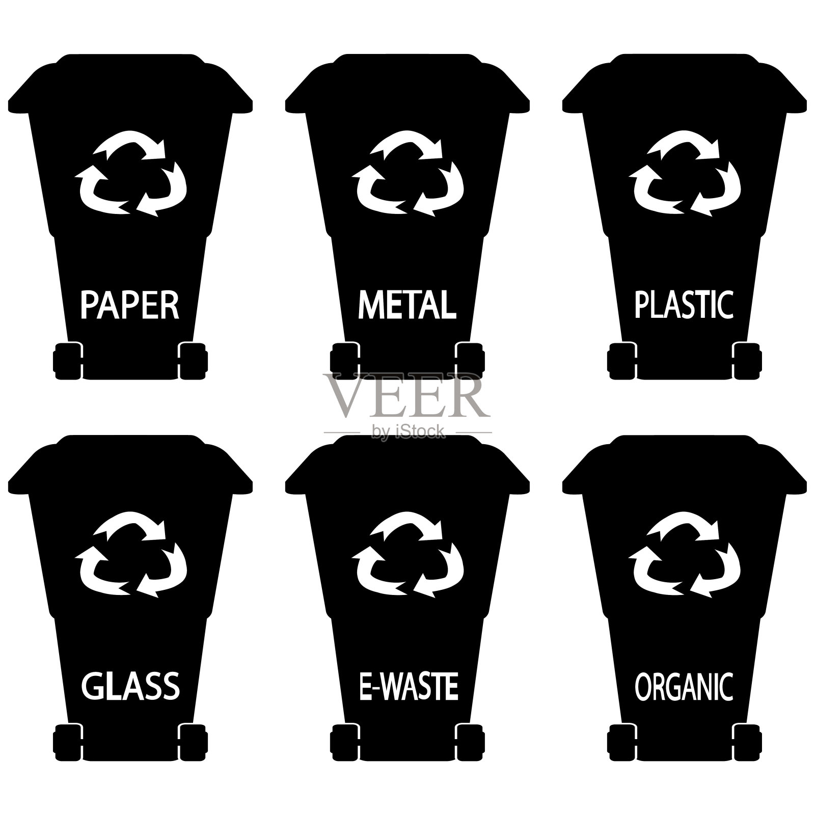 垃圾箱。黑色的垃圾桶。垃圾桶。字形垃圾箱。垃圾字形:有机垃圾，塑料垃圾，金属垃圾，纸张垃圾，玻璃垃圾，电子垃圾设计元素图片