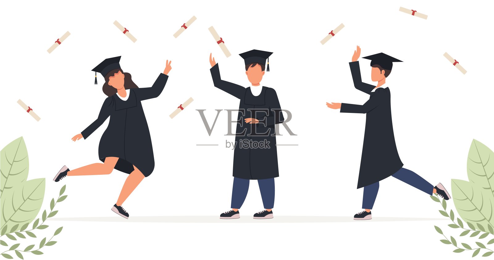 2021级。一群快乐的毕业生穿着学位服，长袍或长袍，戴着毕业帽，拿着毕业证书。插画图片素材