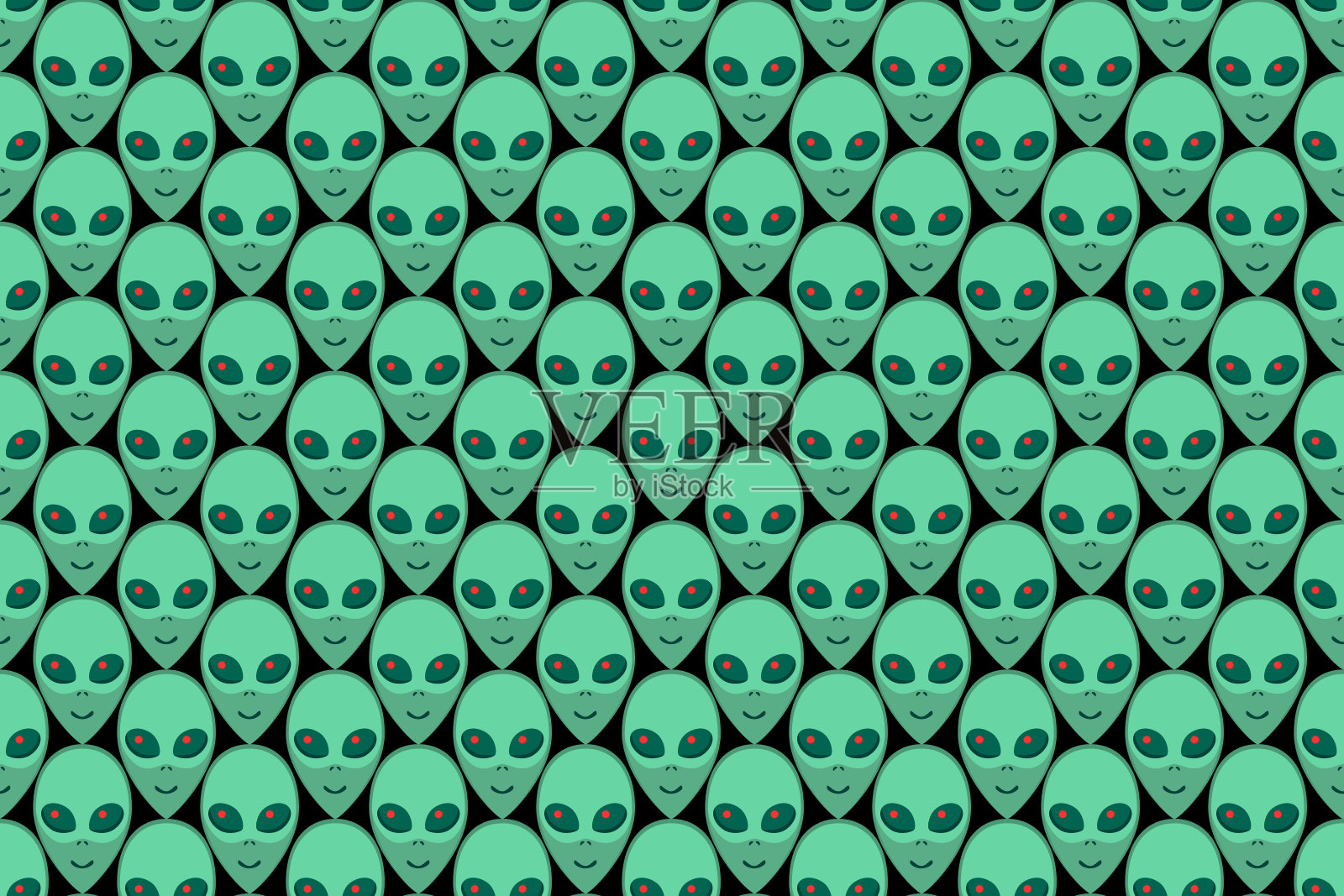 无缝模式与外星人绿色头。UFO，人形机器人无尽的背景孤立。微笑的游客,火星人。矢量插图，空间主题的壁纸，阴谋论，科幻，梦幻插画图片素材